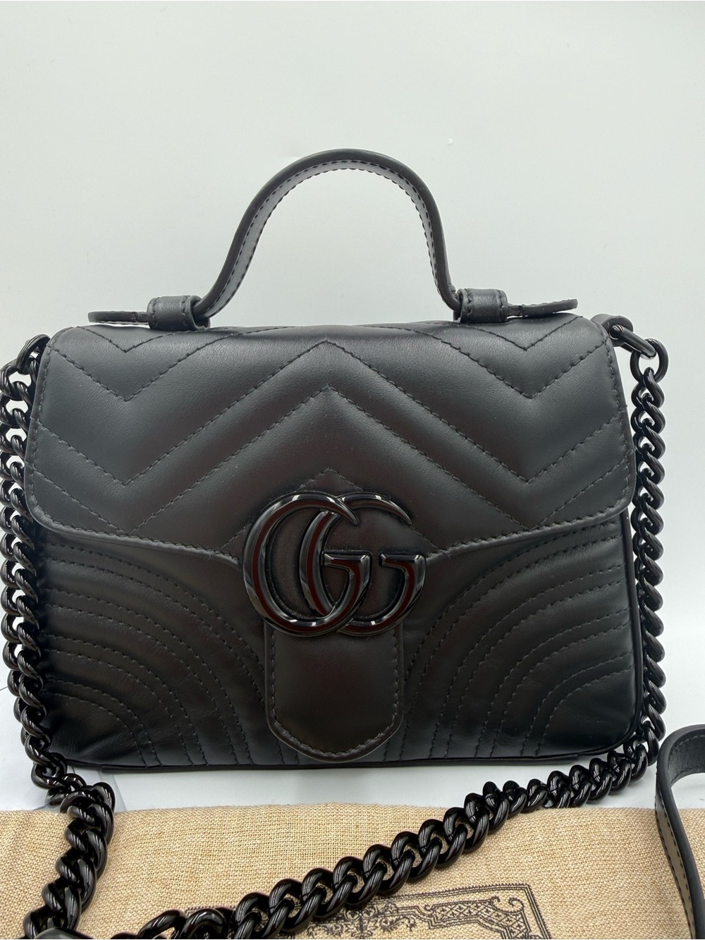Gucci Black GG Marmont “So Black”Quilted Top-Handle Shoulder Bag in Small.